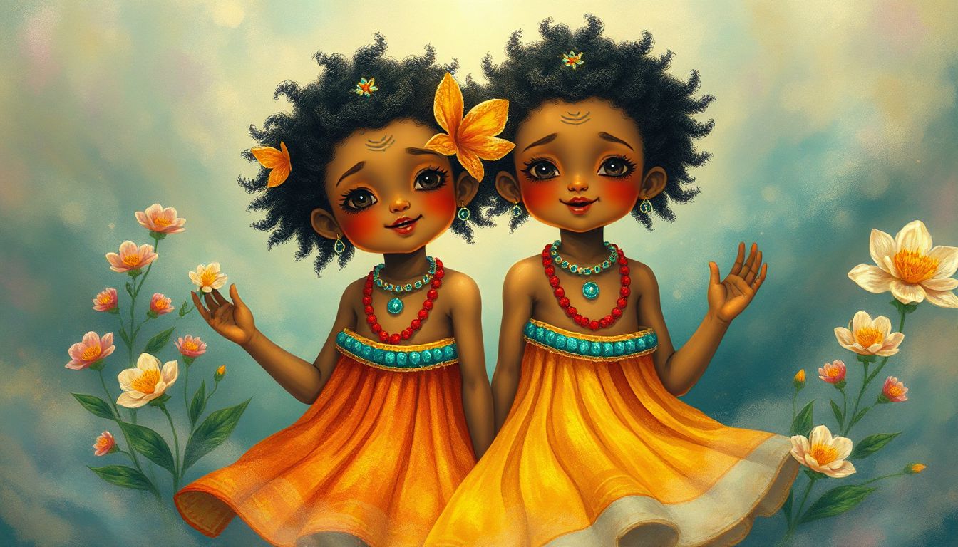 Niños vestidos con ropa tradicional umbanda, riendo y jugando, con adornos coloridos en el fondo