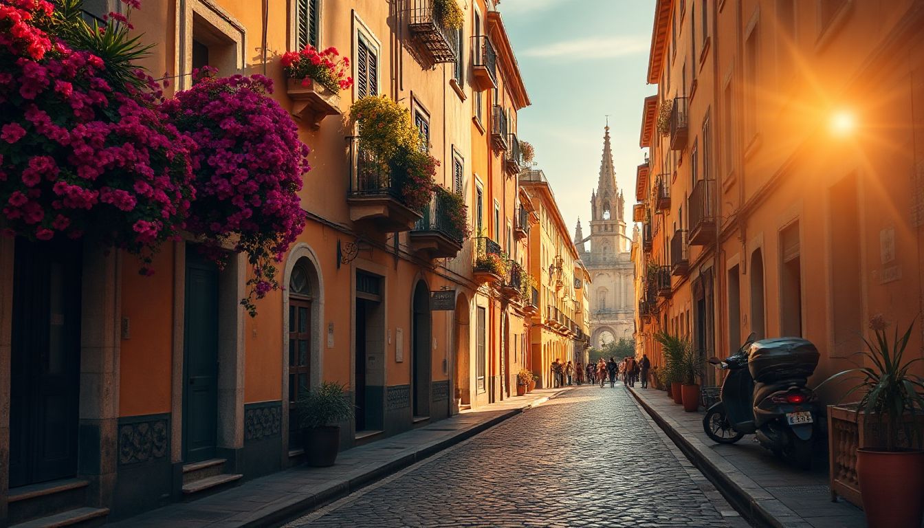 A sun-drenched street scene in Barcelona, with colourful buildings, intricate architecture, and people enjoying the vibrant atmosphere.