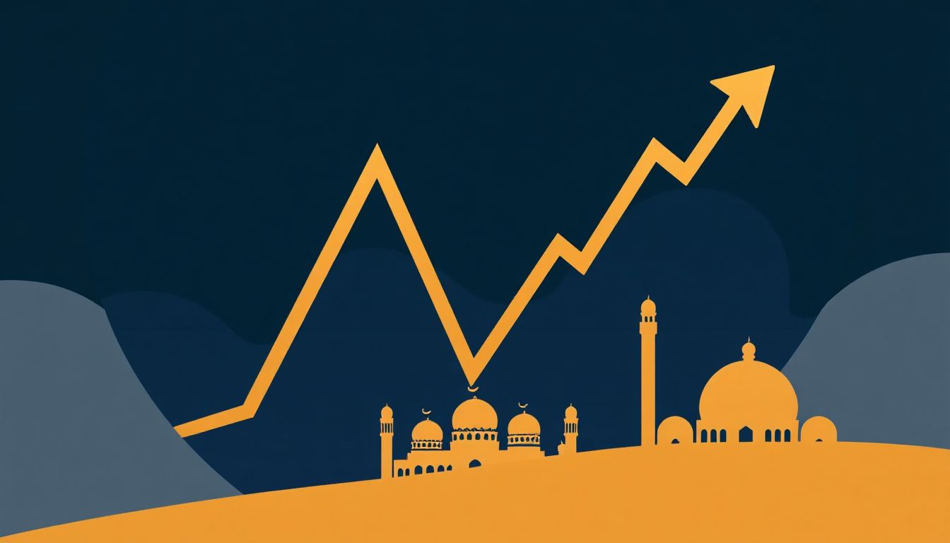 A vibrant financial chart shows upward trends for Gulf and Egyptian stock markets, reflecting investor optimism.