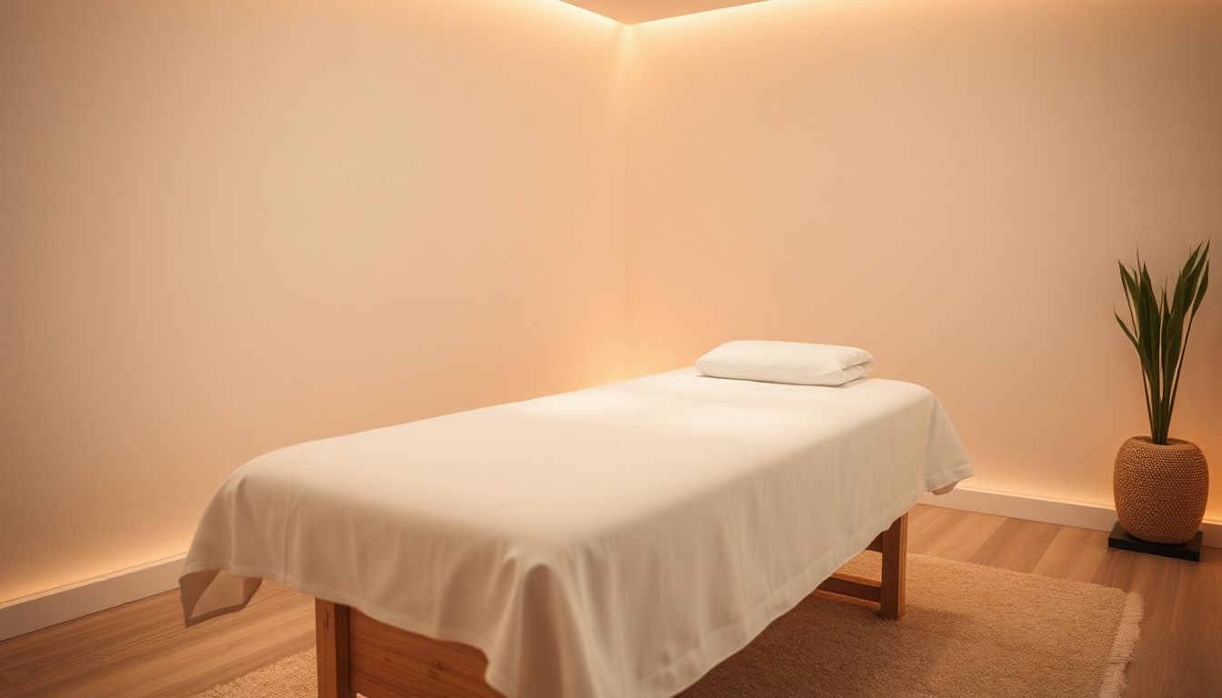 A serene massage room with soft lighting, a massage table, and essential oils, inviting relaxation.