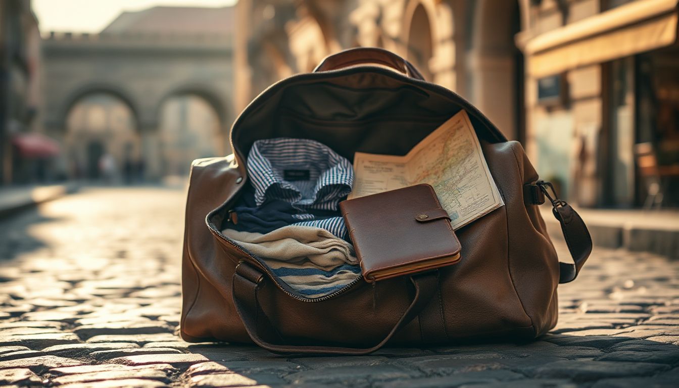 A well-packed, grey travel backpack sits on a cobbled street, ready for adventure
