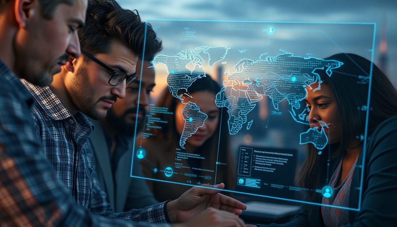 A diverse group of developers collaborating in a modern tech office, with global maps and code on screens in the background.