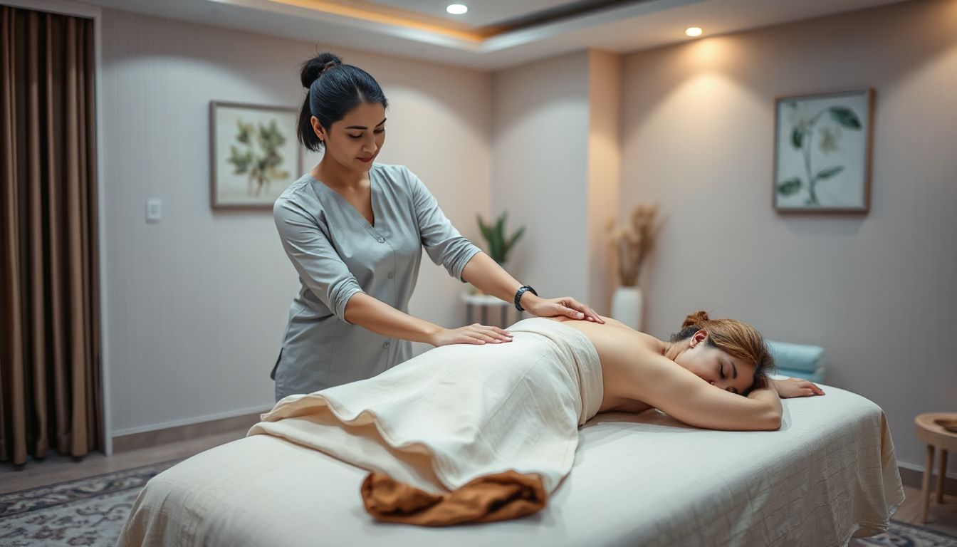 A serene, softly lit massage room with a plush table, clean towels, and a calming ambiance, ready for relaxation.