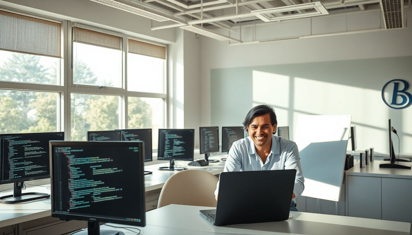 Students collaborating in a modern tech classroom, focused on screens and discussing code, showcasing a dynamic learning environment at BraineRy Spot Technology.