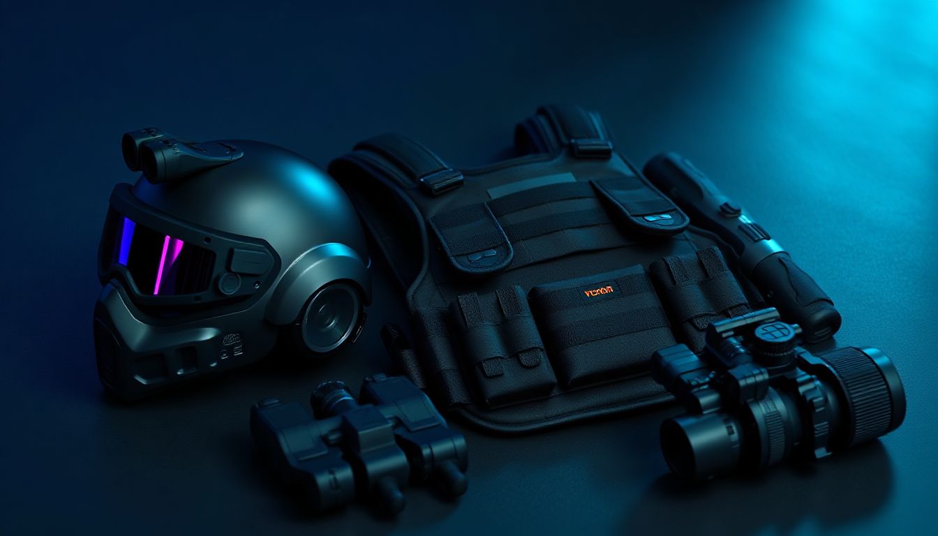 Security expert inspects night vision goggles, ensuring compliance for defense tenders.