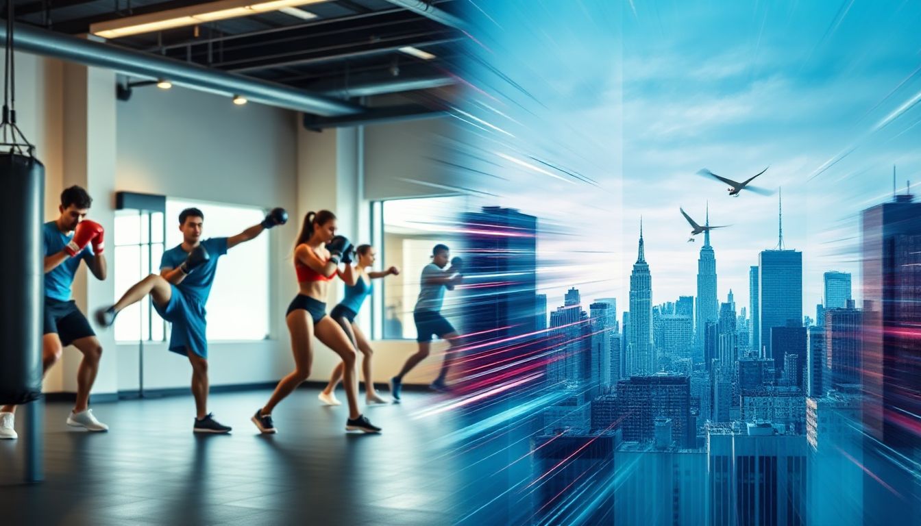 A kickboxer mid-kick, striking a bag with power and focus in a dynamic studio setting.