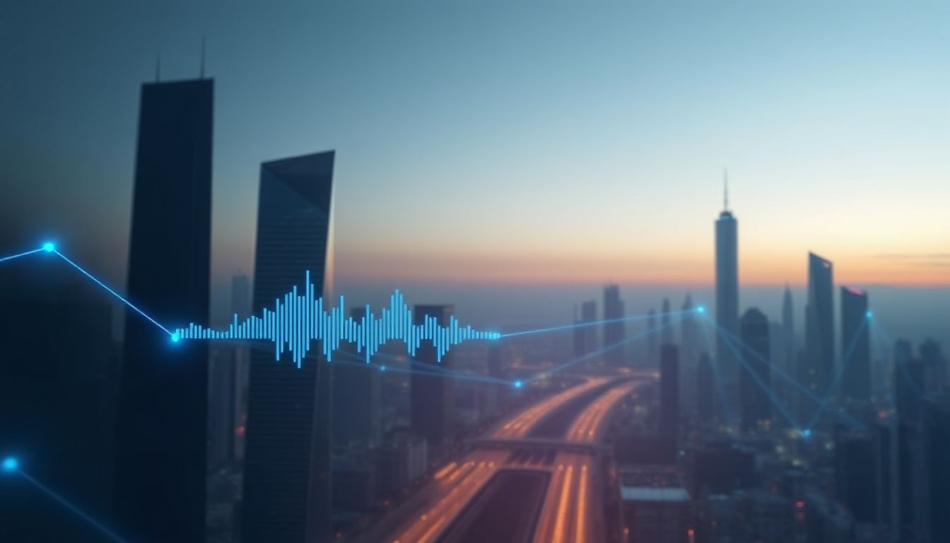 A person interacts with a holographic voice assistant projected from a smart device, surrounded by integrated smart home technology in a futuristic setting, illustrating the fusion of Conversational AI and voice search.