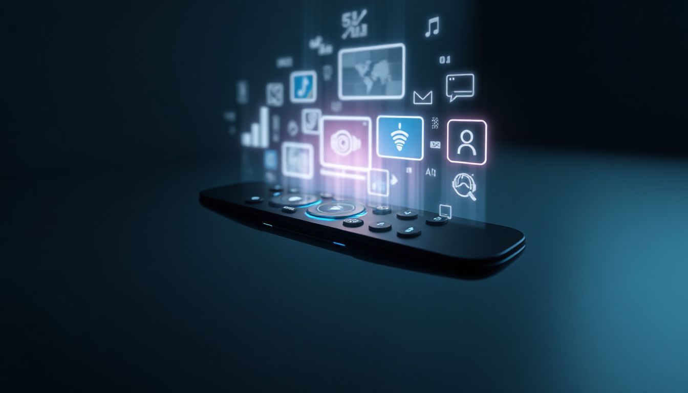 The future of entertainment streaming, showcasing diverse content on multiple devices, blending digital living with seamless access.