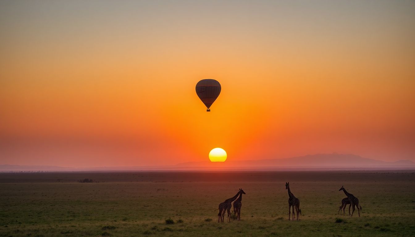 A safari jeep driving across the vast, open plains of the Serengeti National Park at sunrise, with a hot air balloon rising in the distance.