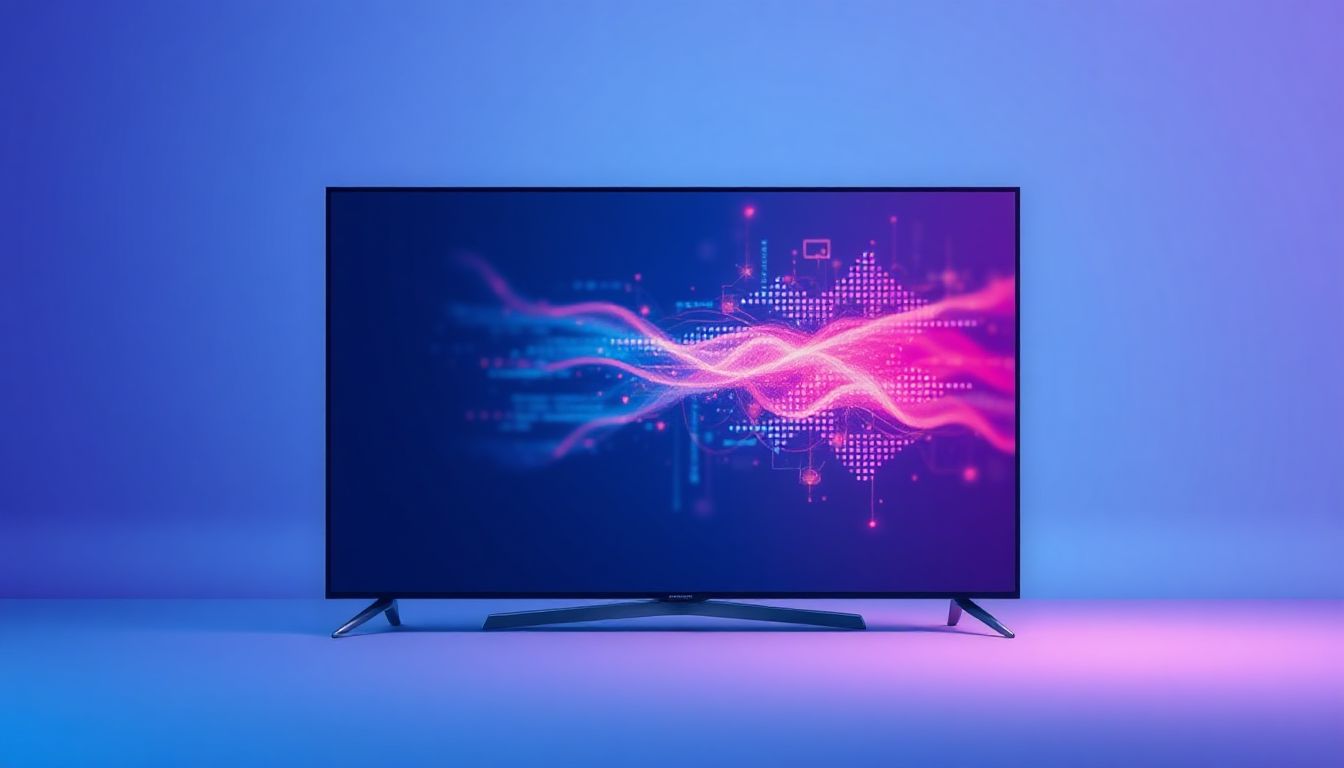 A person holding a Firestick remote, with a vibrant, glowing screen showing various streaming app icons.