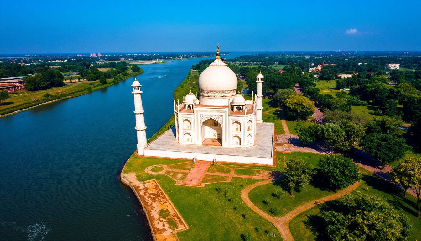 An aerial view of the vibrant city of Jaipur, India, showing its distinctive pink buildings, intricate architecture, and a bustling street scene at sunset, with historical monuments in the background.