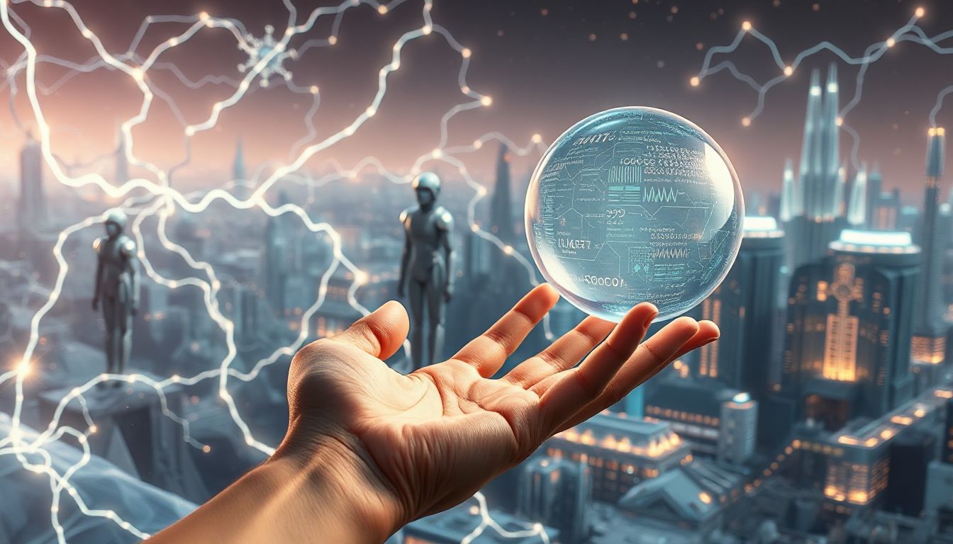 A complex digital brain glows, surrounded by data streams and abstract representations of a city and human faces, symbolizing AI's deep connection to our future.