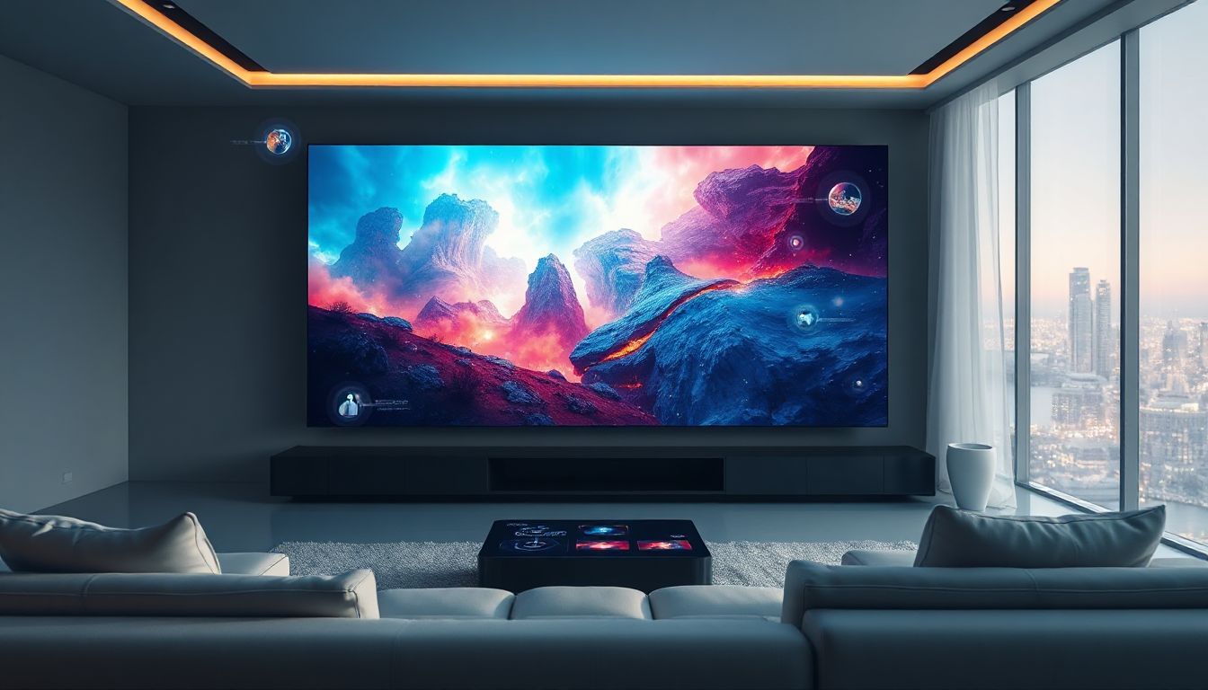 A family smiling, watching content together on a large smart TV in a modern living room, representing the future of home entertainment with seamless IPTV streaming.