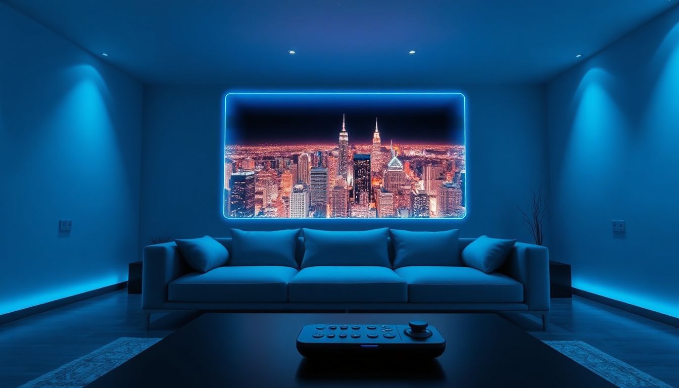 A sleek, futuristic living room displays an advanced IPTV setup with vivid 8K content, interactive holograms, and immersive sound, showcasing the ultimate home entertainment of 2025.