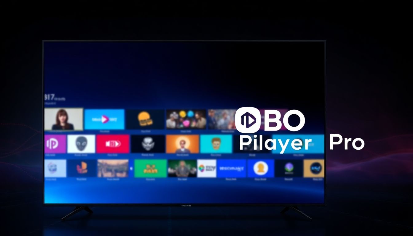 (A modern TV displaying a vibrant interface of an IPTV player with channel lists and program details)