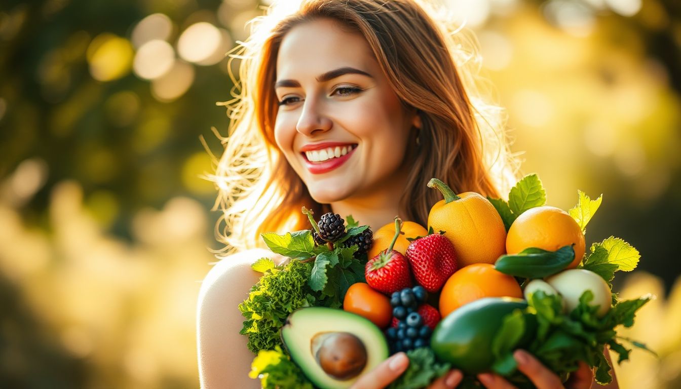 A vibrant assortment of colorful superfoods, including berries, leafy greens, avocados, sweet potatoes, and nuts, arranged beautifully to symbolize the connection between nature's bounty and radiant skin.