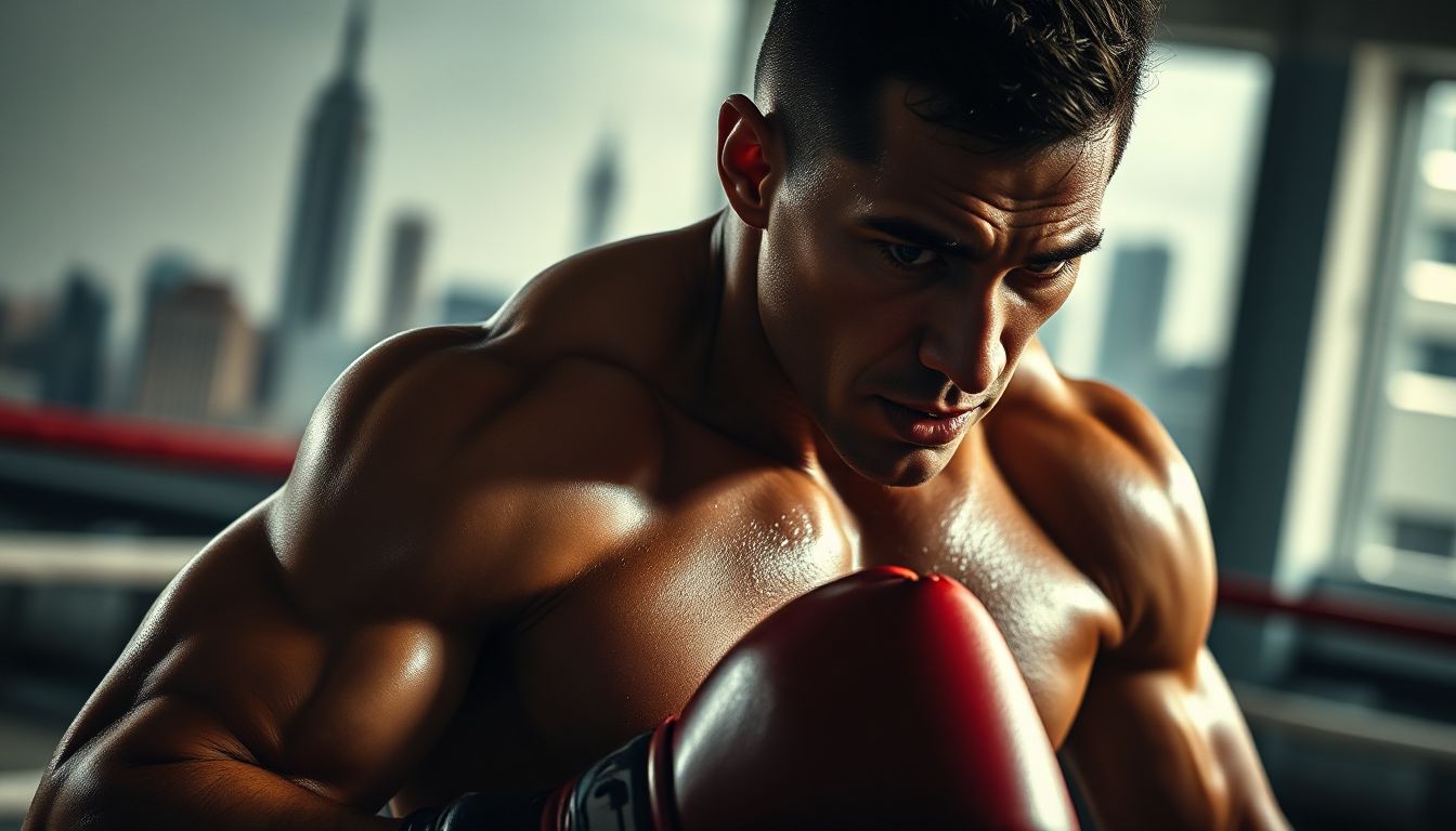 A personal boxing trainer guides a client through pad work in a vibrant NYC gym, focusing on technique and power.