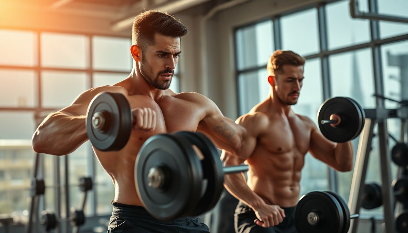 A personal fitness trainer guides a client through a challenging weightlifting exercise, emphasizing proper form in a modern gym setting.