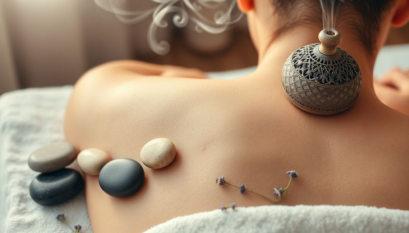 A person lies relaxed on a massage table, their eyes closed in tranquility. Gentle light bathes the room as a therapist's hands, subtly blurred, appear to be applying a calming balm. Small amber bottles of essential oils sit nearby, hinting at the aromatic experience.