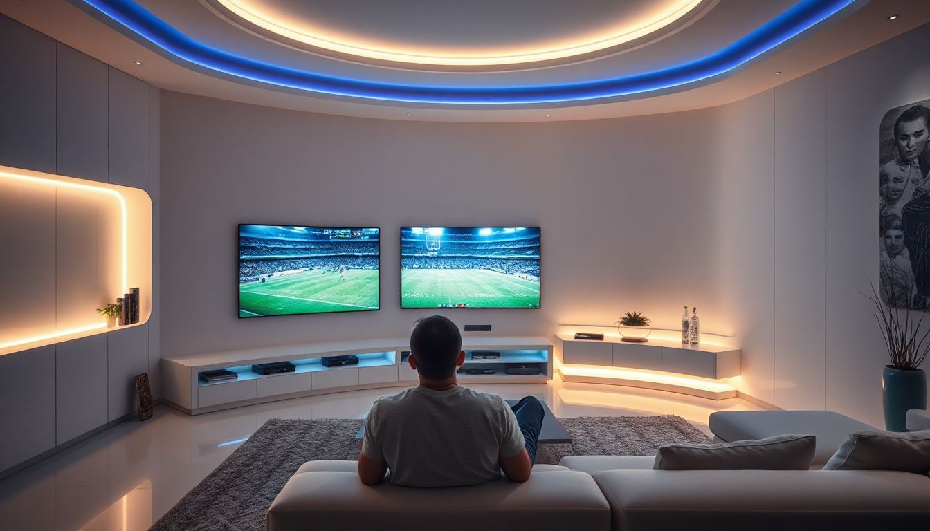 A futuristic living room with sleek, curved walls and a large, transparent screen displaying vibrant nature scenes, while a stylized light fixture hangs overhead, symbolizing the advanced entertainment experience of 2025.