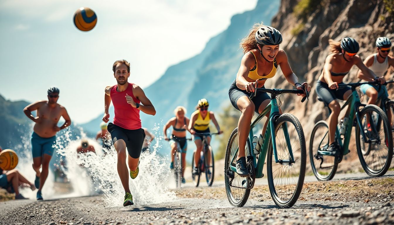 Dynamic high-intensity workout in progress, showing various exercises like running, cycling, and boxing, highlighting the energy and movement involved in calorie-burning activities.