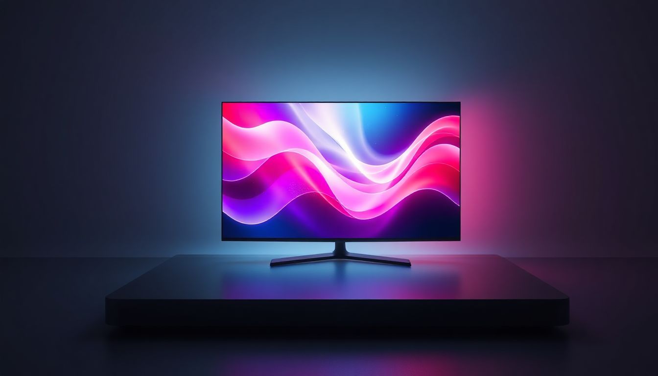 A vibrant, futuristic interface on a holographic screen, showing various TV channels and movie posters. A hand reaches out to select content, highlighting the ease of Stremio IPTV in 2025.