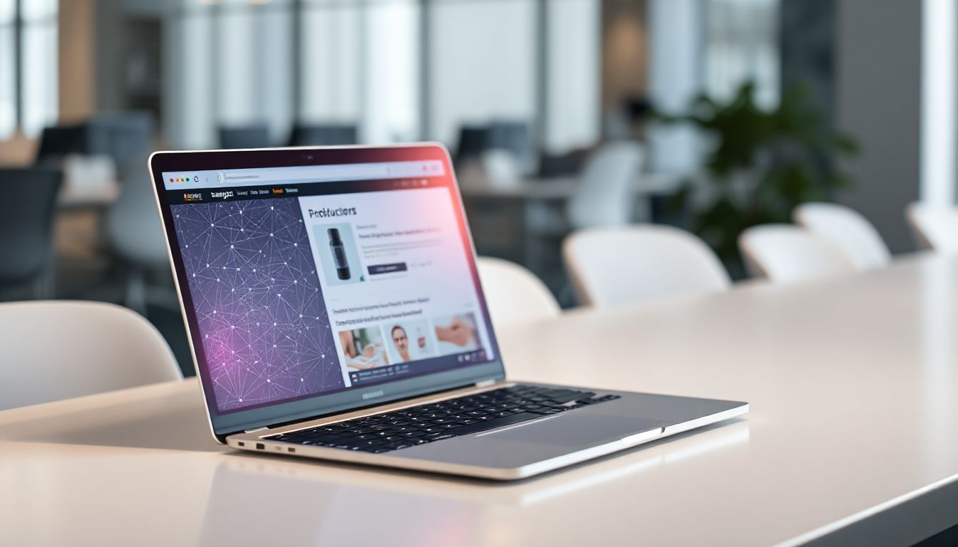 An AI-generated visual representing a robot hand typing on a keyboard, with product descriptions and Amazon logos appearing as holographic projections.