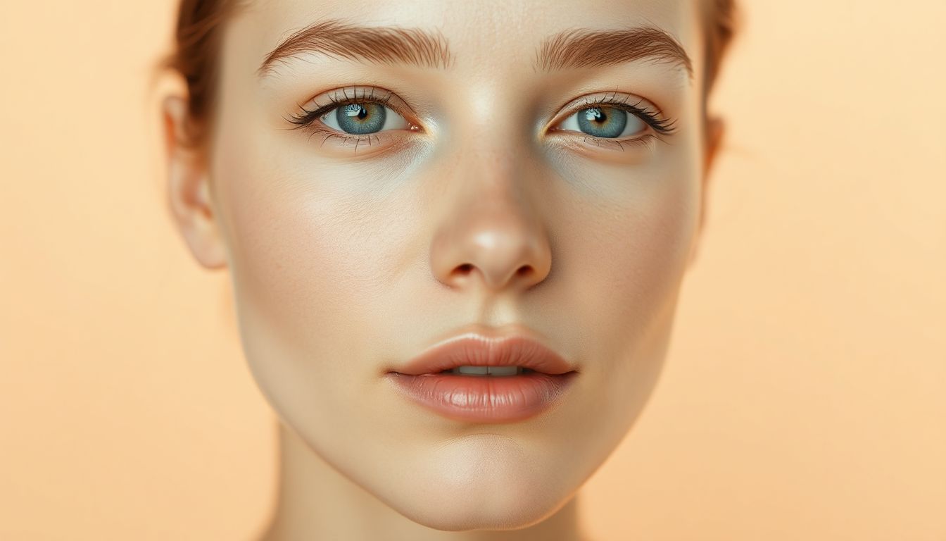 A woman looking into a mirror, touching her cheek, with a brighter, more even-toned complexion beginning to show.