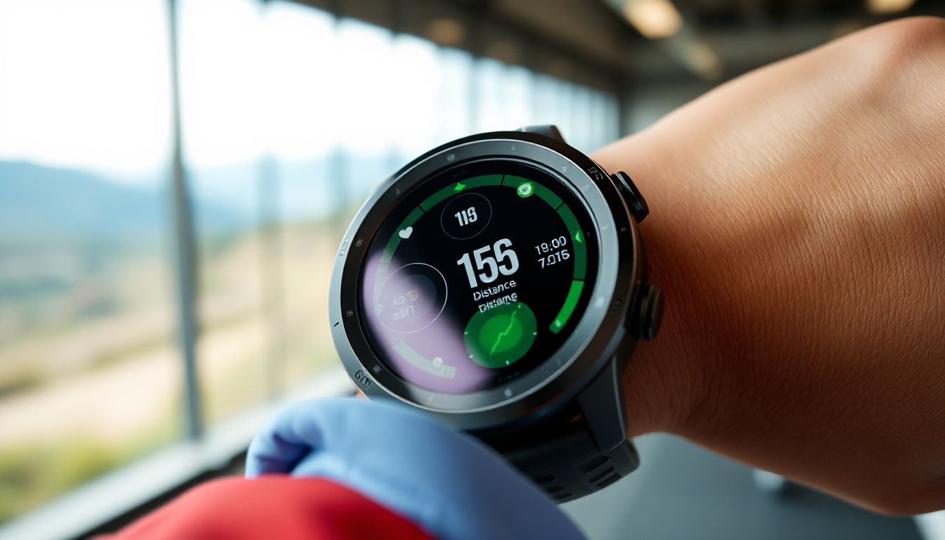 A Garmin watch on a wrist, displaying fitness metrics during an outdoor run, symbolizing active health tracking.