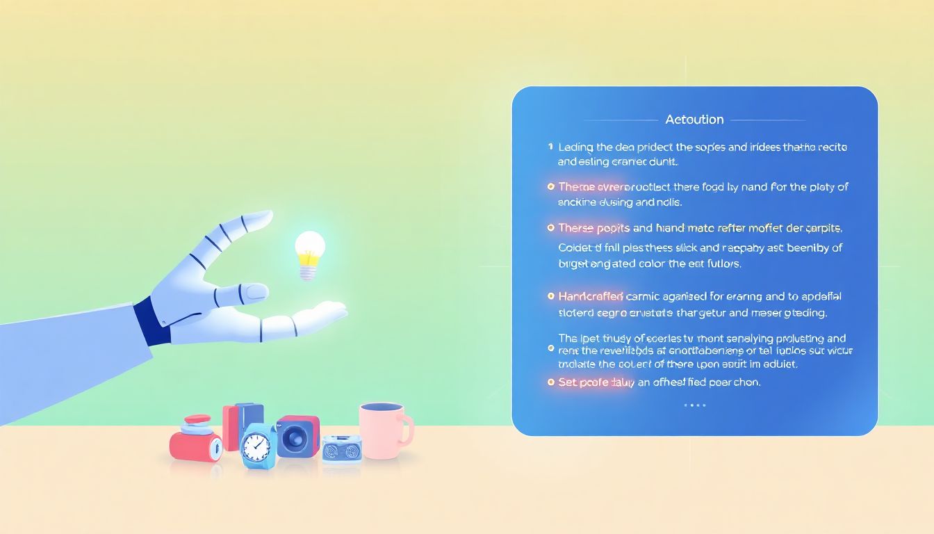A sleek user interface displays an AI-powered tool generating product features for an eBay listing, showing various optimized descriptions and keywords.
