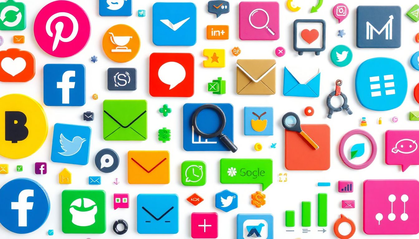 تصميم جرافيكي يظهر أيقونات متعددة تمثل أنواعًا مختلفة من التسويق الرقمي، مثل محرك بحث، سلة تسوق، إيميل، ومكبر صوت لوسائل التواصل الاجتماعي.