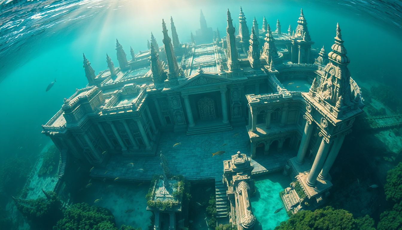 A majestic, ancient city rises from crystalline waters, featuring grand marble structures, towering pillars, and intricate canals, bathed in golden sunlight.