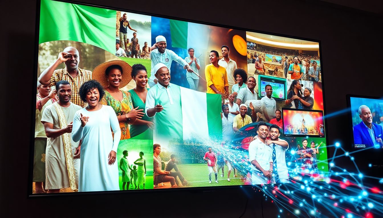 (A vibrant collage depicting diverse families and individuals enjoying streaming content on various devices, set against a backdrop of modern Nigerian cityscapes, with overlaid graphic elements suggesting fast internet and entertainment.)