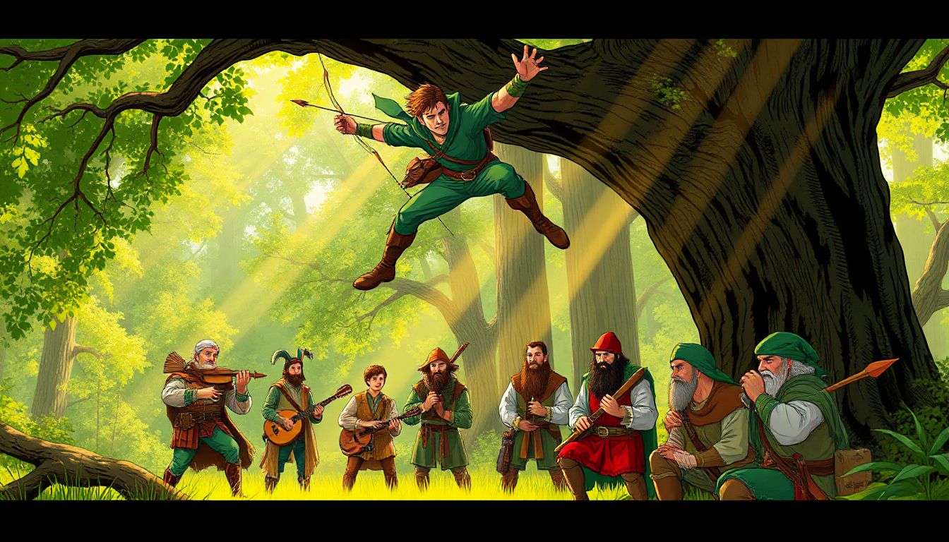 Robin Hood, a symbol of freedom and defiance, stands ready in the depths of Sherwood Forest.
