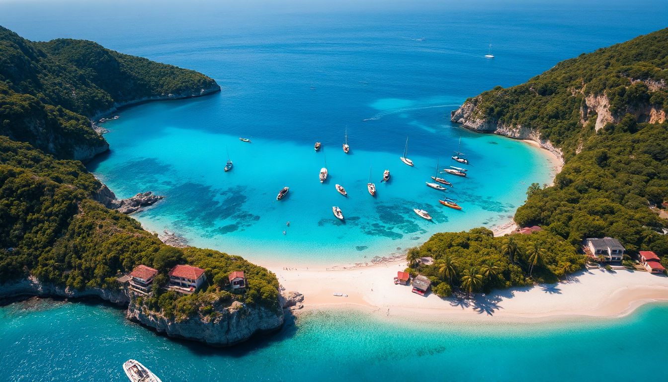 A serene Mediterranean beach with turquoise water, white sand, and lush green hills, with a small boat gently floating near the shore.