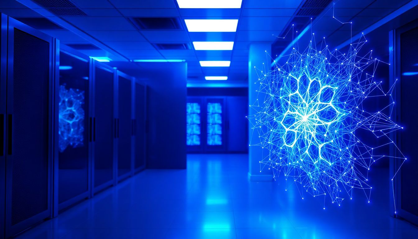 A futuristic hand interacts with a shimmering holographic interface, displaying neural network patterns—a vision of advanced AI at work