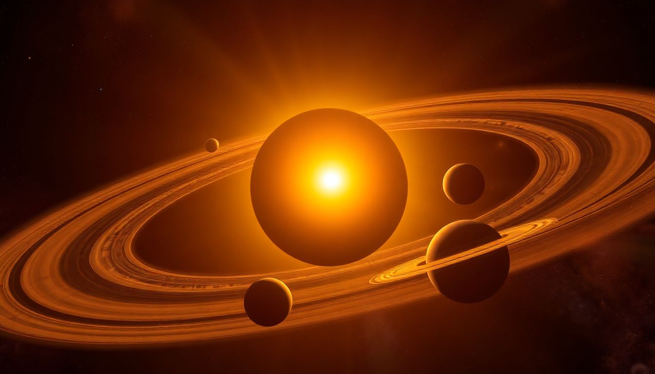 A vivid artist's depiction of our solar system, showcasing the Sun and its orbiting planets in their cosmic dance.