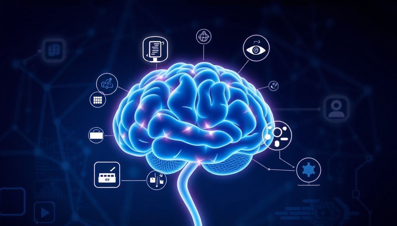 (A person works at a desk, surrounded by glowing digital interfaces showing data, code, and AI model visualizations, symbolizing accelerated learning and mastery of AI skills in a dynamic future workspace.)