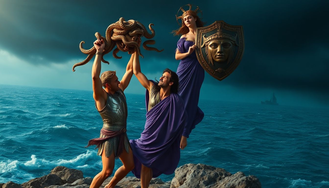 Perseus triumphs, holding Medusa's severed head, a symbol of courage and a fearsome weapon.