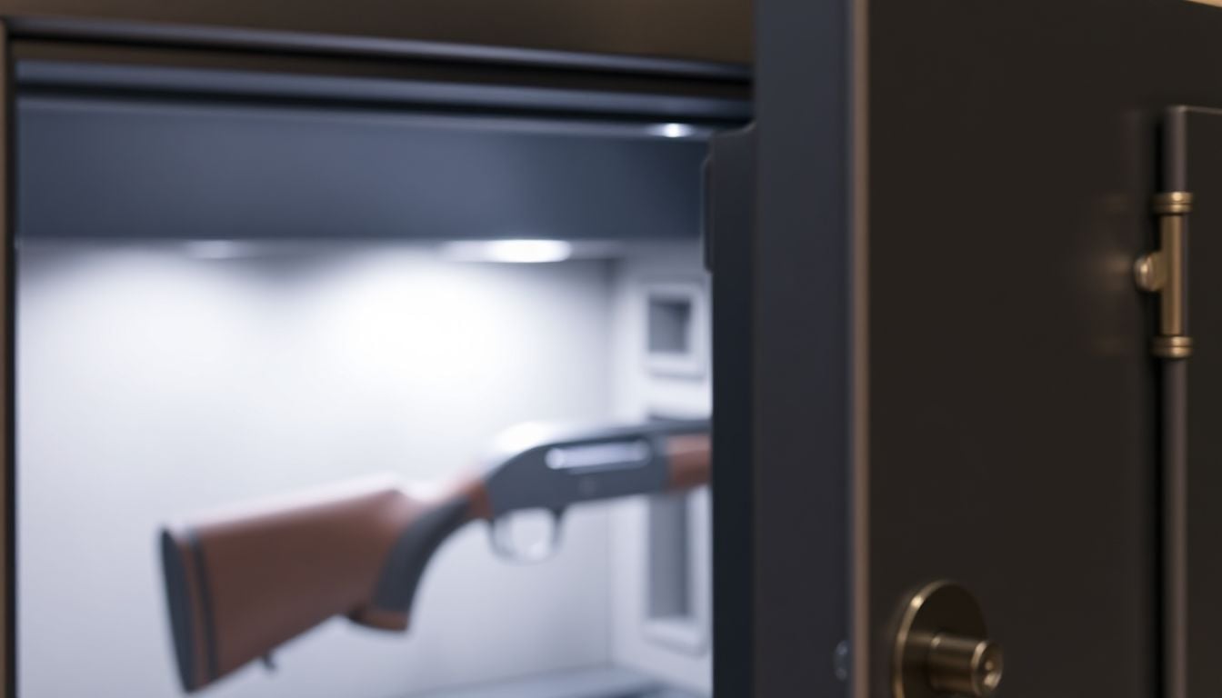 Safe and secure firearms displayed in an open gun safe, highlighting organized storage and accessibility.
