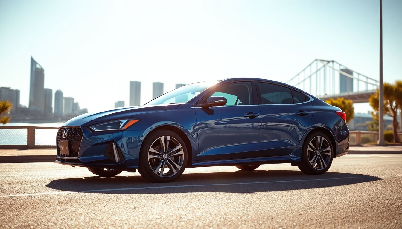 A person happily receives keys to a new car from a smiling salesperson, a city skyline in the background, representing successful car finance in Perth.