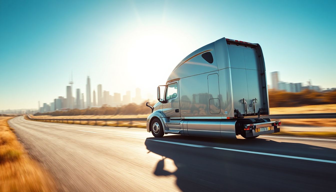 A modern heavy-duty truck, gleaming under the Melbourne skyline, ready for business operations.
