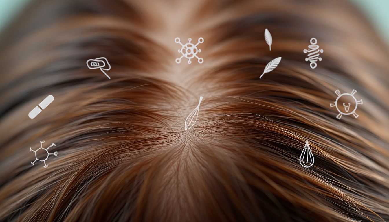 A close-up of a person's hand gently holding a few strands of hair, symbolizing concern over hair thinning and loss.