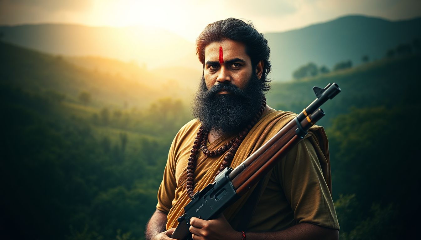 Alluri Sitarama Raju, a tribal leader, standing against the backdrop of the Andhra forests, ready to fight for his people's freedom.