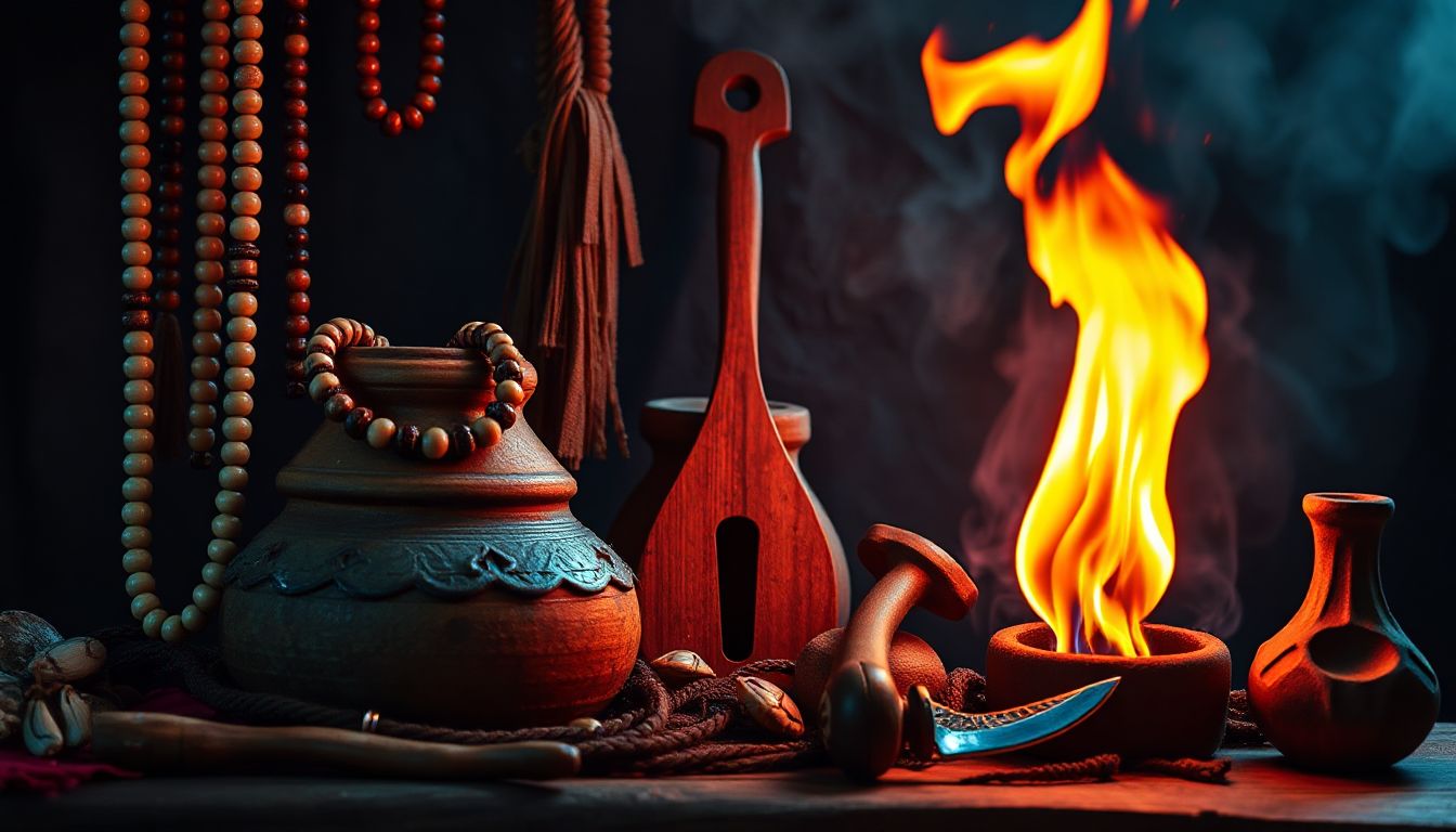 Símbolos sagrados y tambores, elementos centrales en la espiritualidad afrodescendiente, mostrando la riqueza de sus tradiciones, no la oscuridad de la brujería.