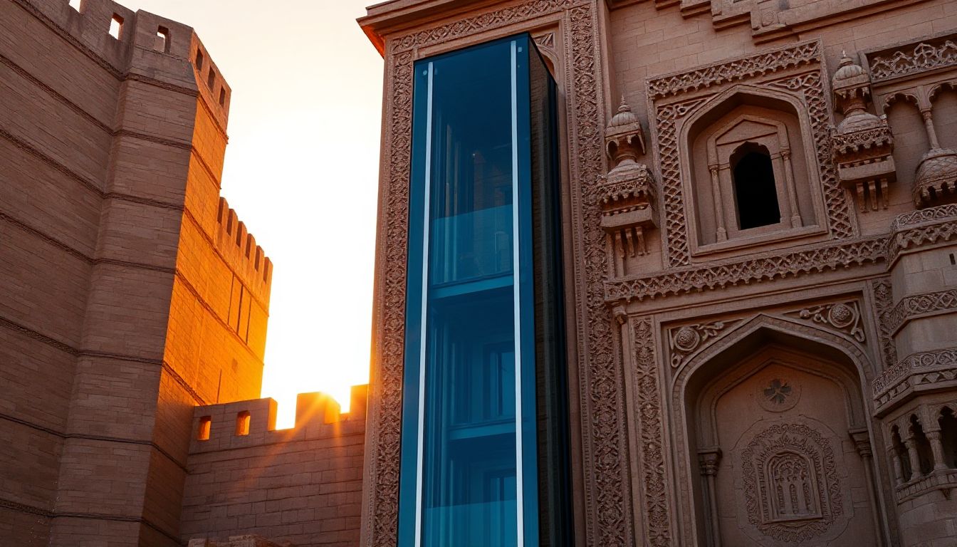 Modern elevators blend seamlessly into a bright, contemporary building lobby in Oman, showcasing vertical movement and accessibility.