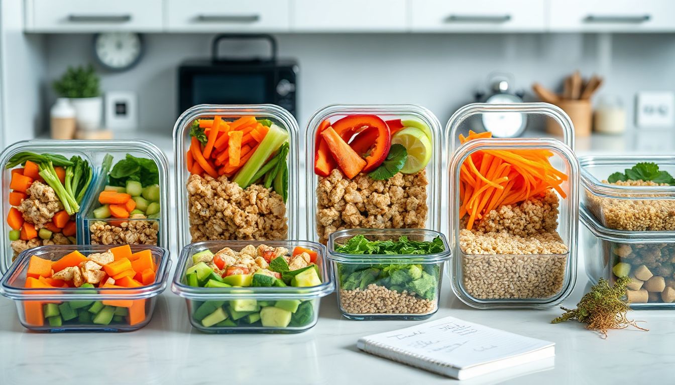 A vibrant assortment of prepped meals and ingredients organized in clear glass containers on a clean kitchen counter, ready for effortless weeknight dinners.