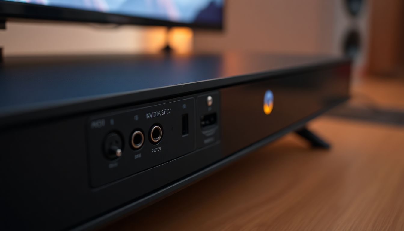 A sleek black NVIDIA SHIELD TV Pro device connected to a soundbar and a large television, illuminated by subtle blue lighting, showcasing a modern home entertainment setup.