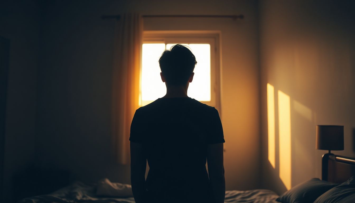 A person waking up in a bright, sun-filled bedroom, stretching with a peaceful expression, as soft natural light streams through the window.