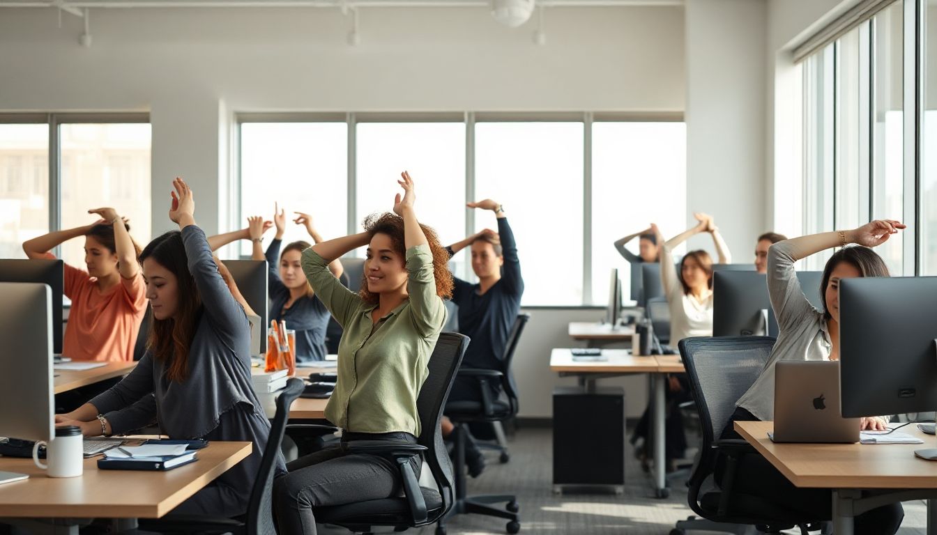 A person at a desk subtly stretching their back and shoulders, highlighting the importance of movement during work hours.